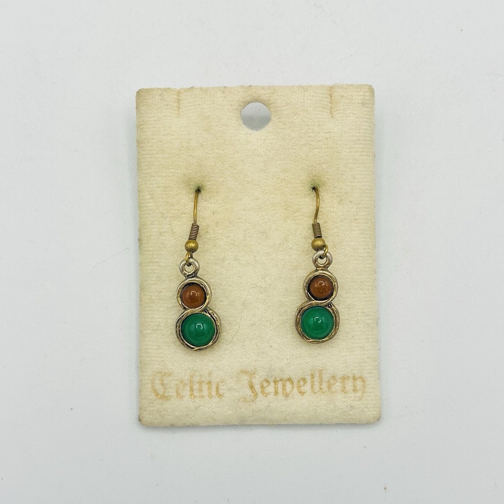 Vintage Celtic Jewelry Dangle Earrings Ireland Orange‎ Green Gemstones